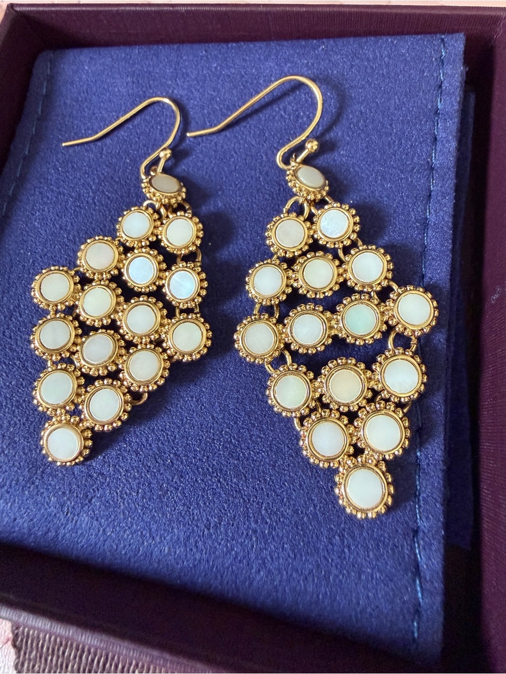 Gold White Dangle Chandelier Earrings Elegant Cluster Mother of Pearl Design
